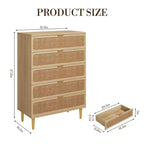 Cassettiera a 5 cassetti in rattan per camera da letto, Comò con cassetti profondi, Cassettiera doppia grande per armadio con piano largo, Cassettiera alta in legno