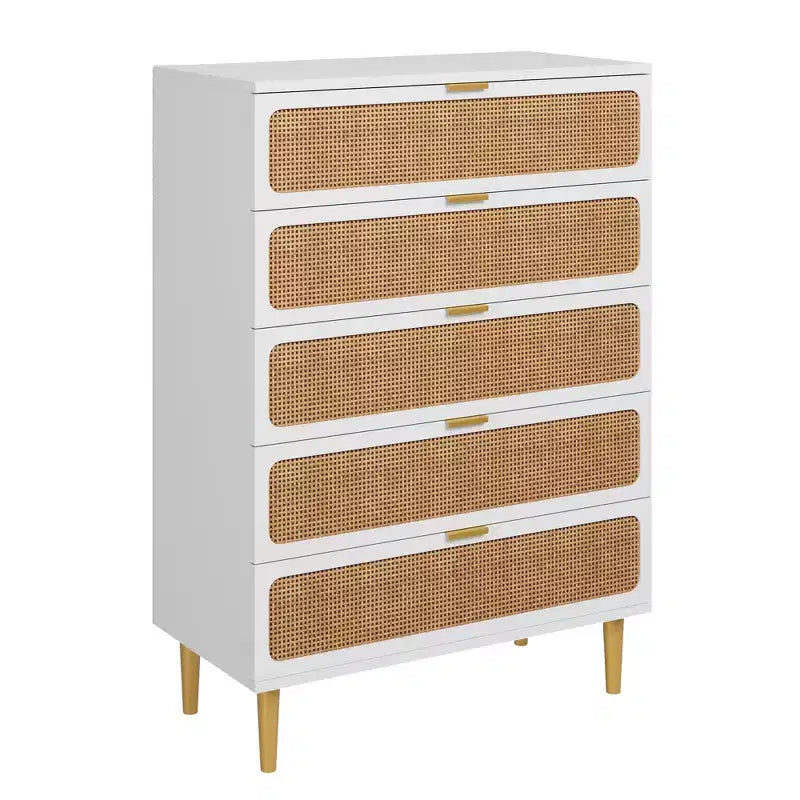 Cassettiera a 5 cassetti in rattan per camera da letto, Comò con cassetti profondi, Cassettiera doppia grande per armadio con piano largo, Cassettiera alta in legno