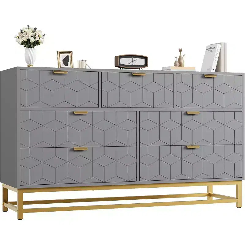 53.5 Dresser for Bedroom,Modern 7 Drawer Triple Dresser with Gold Accents,Long Storage Organizer for TV Stand & Closet,Large Chest of Drawers