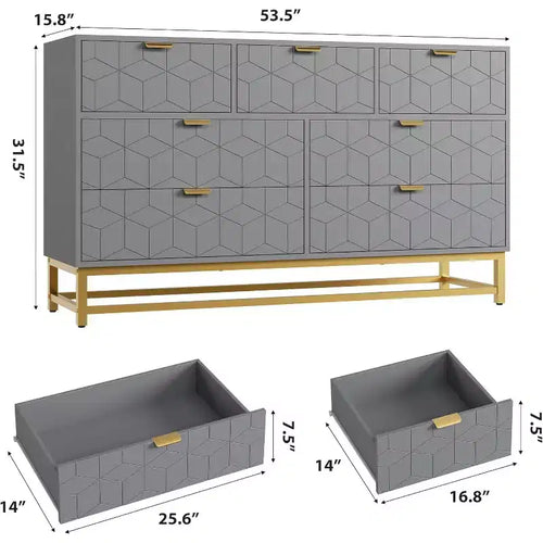 Comò da 53,5 pollici per camera da letto, Comò triplo moderno a 7 cassetti con dettagli dorati, Organizzatore per riporre a lungo per supporto TV e armadio, Cassettiera grande
