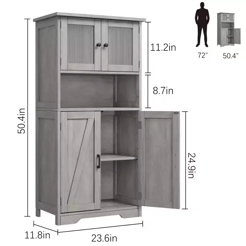 Armadietto Alto da Bagno con 4 Ante e Ripiani Regolabili, Mobiletto da Bagno Indipendente da 50 cm, Credenza in Stile Rustico per Cucina, Soggiorno