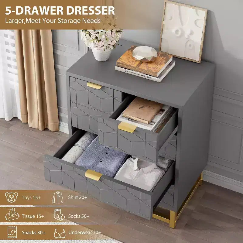 Cassettiera a 5 cassetti per camera da letto, Comò con base in metallo, Cassettiera moderna organizer per soggiorno, corridoio, armadio