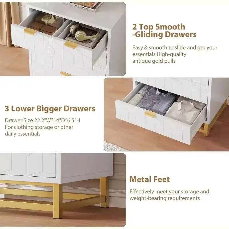 Cassettiera a 5 cassetti per camera da letto, Comò con base in metallo, Cassettiera moderna organizer per soggiorno, corridoio, armadio