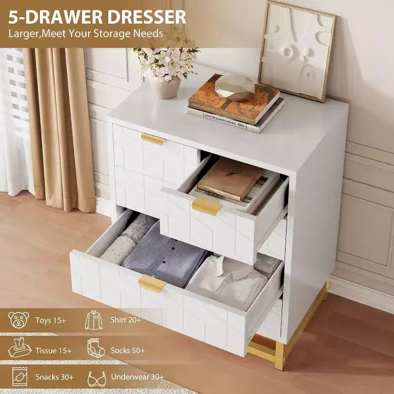 Cassettiera a 5 cassetti per camera da letto, Comò con base in metallo, Cassettiera moderna organizer per soggiorno, corridoio, armadio