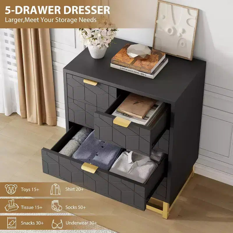 Cassettiera a 5 cassetti per camera da letto, Comò con base in metallo, Cassettiera moderna organizer per soggiorno, corridoio, armadio