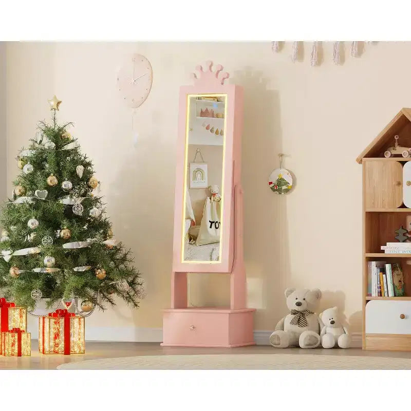 Armadio Portagioie per Bambini con Specchio a Figura Intera, Organizzatore Portagioie Autoportante con 46 Vani e Cassetti, Mobile Toilette Trucco per Bambini