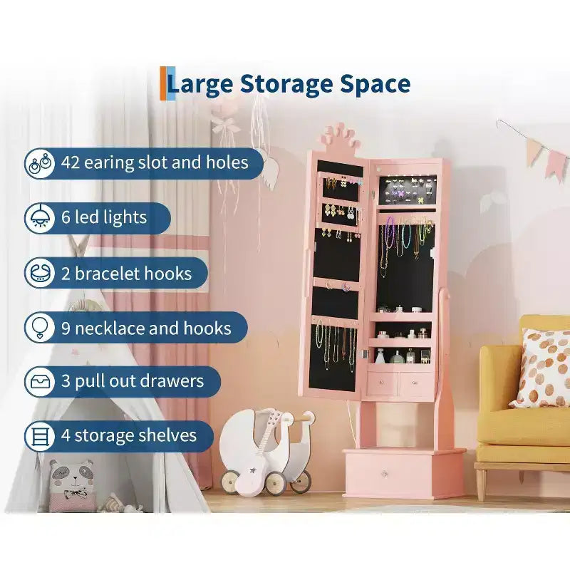 Armadio Portagioie per Bambini con Specchio a Figura Intera, Organizzatore Portagioie Autoportante con 46 Vani e Cassetti, Mobile Toilette Trucco per Bambini