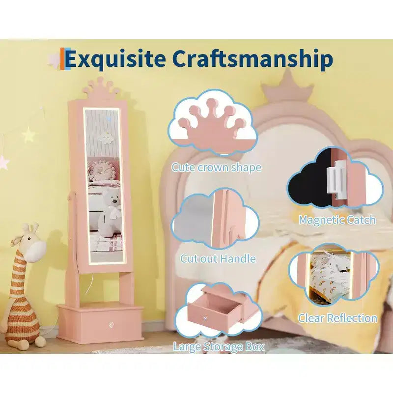 Armadio Portagioie per Bambini con Specchio a Figura Intera, Organizzatore Portagioie Autoportante con 46 Vani e Cassetti, Mobile Toilette Trucco per Bambini