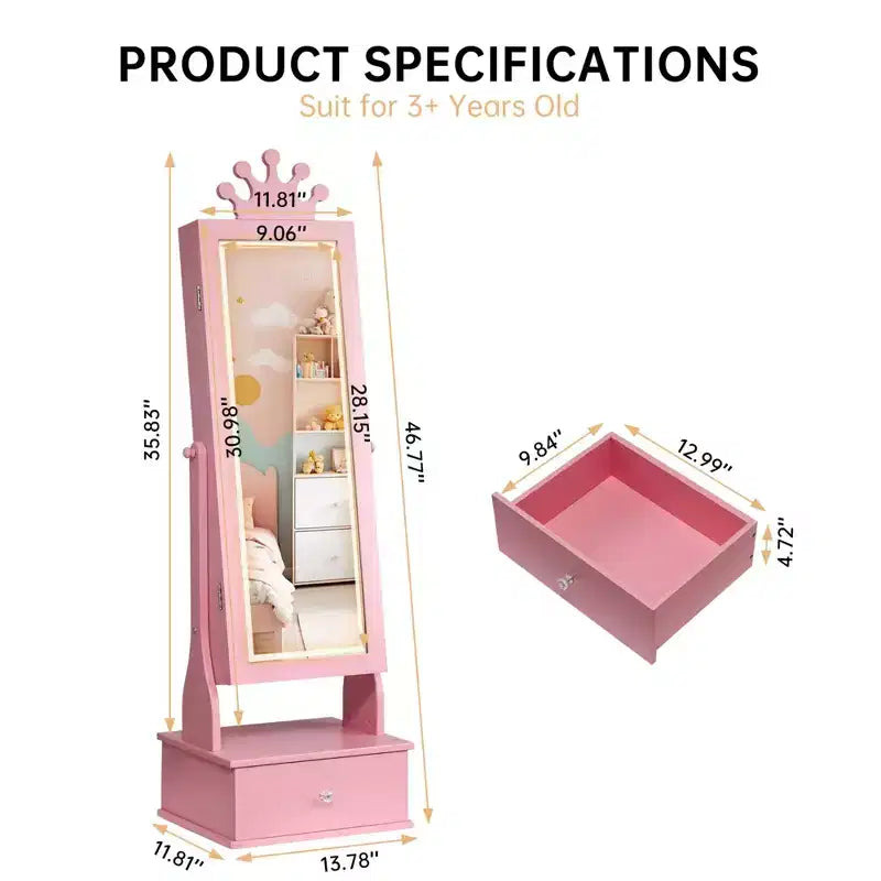 Armadio Portagioie per Bambini con Specchio a Figura Intera, Organizzatore Portagioie Autoportante con 46 Vani e Cassetti, Mobile Toilette Trucco per Bambini