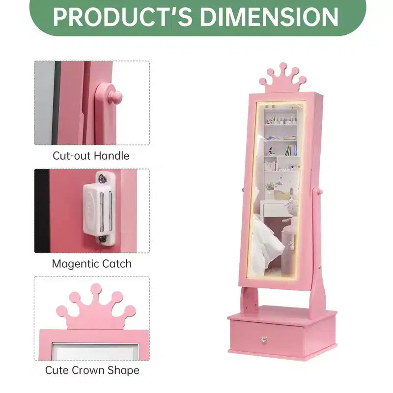 Armadio Portagioie per Bambini con Specchio a Figura Intera, Organizzatore Portagioie Autoportante con 46 Vani e Cassetti, Mobile Toilette Trucco per Bambini