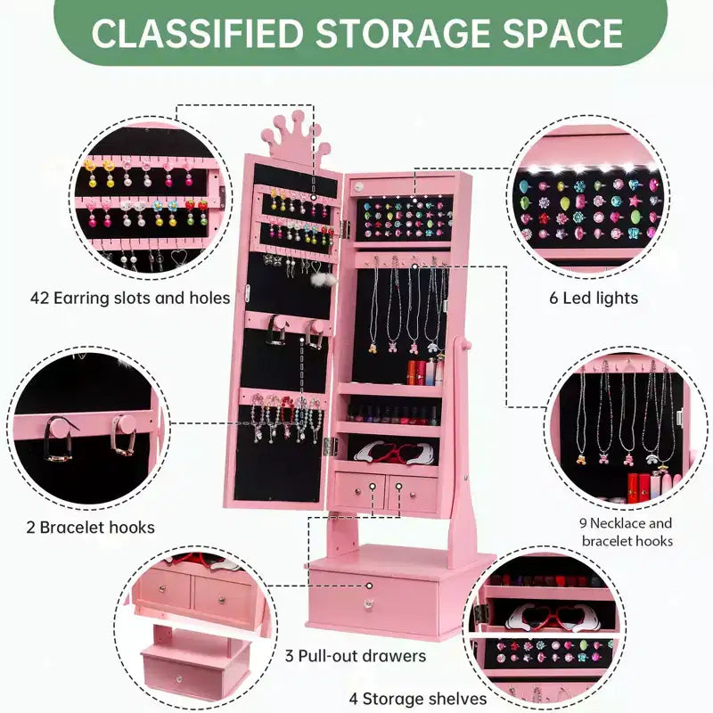 Armadio Portagioie per Bambini con Specchio a Figura Intera, Organizzatore Portagioie Autoportante con 46 Vani e Cassetti, Mobile Toilette Trucco per Bambini