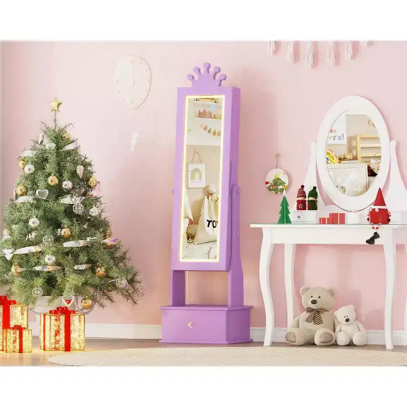 Armadio Portagioie per Bambini con Specchio a Figura Intera, Organizzatore Portagioie Autoportante con 46 Vani e Cassetti, Mobile Toilette Trucco per Bambini