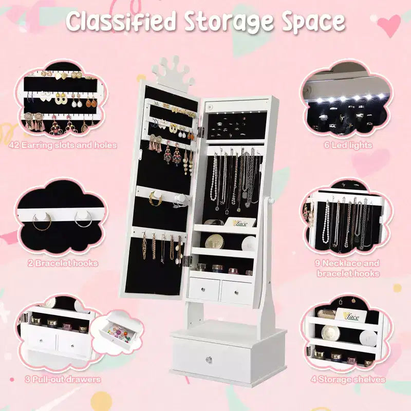 Armadio Portagioie per Bambini con Specchio a Figura Intera, Organizzatore Portagioie Autoportante con 46 Vani e Cassetti, Mobile Toilette Trucco per Bambini