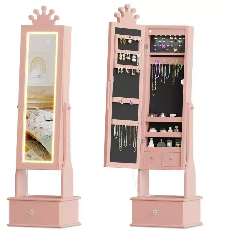 Armadio Portagioie per Bambini con Specchio a Figura Intera, Organizzatore Portagioie Autoportante con 46 Vani e Cassetti, Mobile Toilette Trucco per Bambini