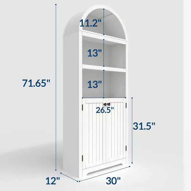 Mobile dispensa alto in legno con piano ad arco, libreria a 5 ripiani con ante, credenza regolabile per soggiorno e cucina