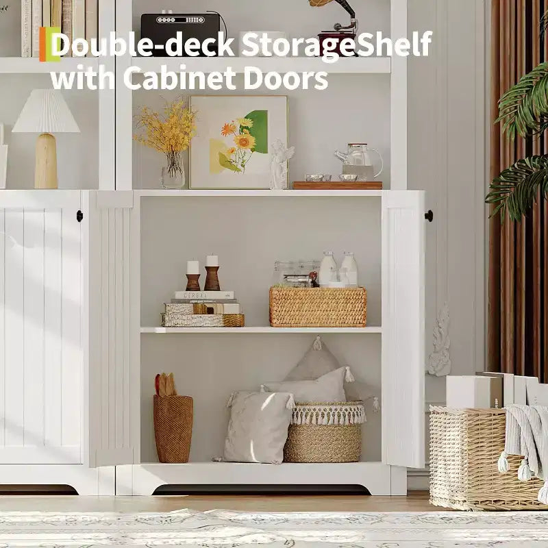 Mobile dispensa alto in legno con piano ad arco, libreria a 5 ripiani con ante, credenza regolabile per soggiorno e cucina