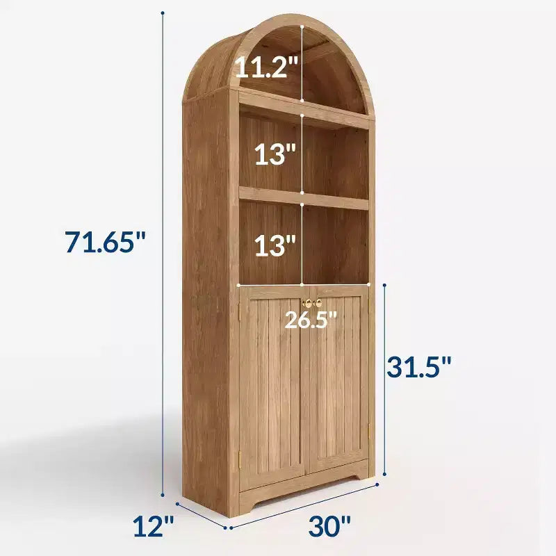 Mobile dispensa alto in legno con piano ad arco, libreria a 5 ripiani con ante, credenza regolabile per soggiorno e cucina