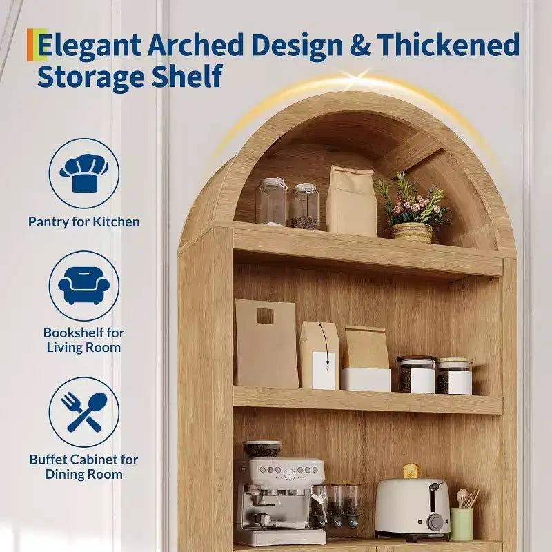 Mobile dispensa alto in legno con piano ad arco, libreria a 5 ripiani con ante, credenza regolabile per soggiorno e cucina