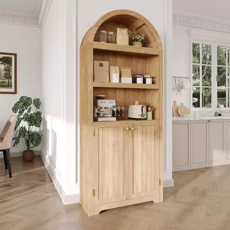 Mobile dispensa alto in legno con piano ad arco, libreria a 5 ripiani con ante, credenza regolabile per soggiorno e cucina