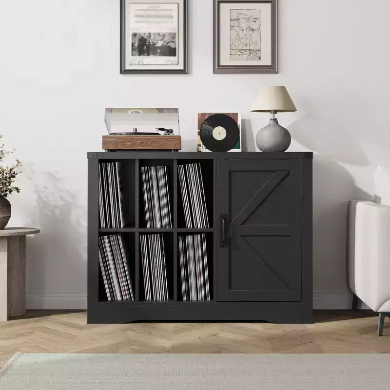 Mobile porta giradischi moderno, Mobiletto porta giradischi stile rustico con anta scorrevole a granaio, Consolle in legno porta vinili per soggiorno, Nero