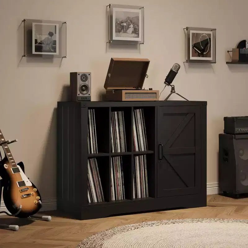Mobile porta giradischi moderno, Mobiletto porta giradischi stile rustico con anta scorrevole a granaio, Consolle in legno porta vinili per soggiorno, Nero
