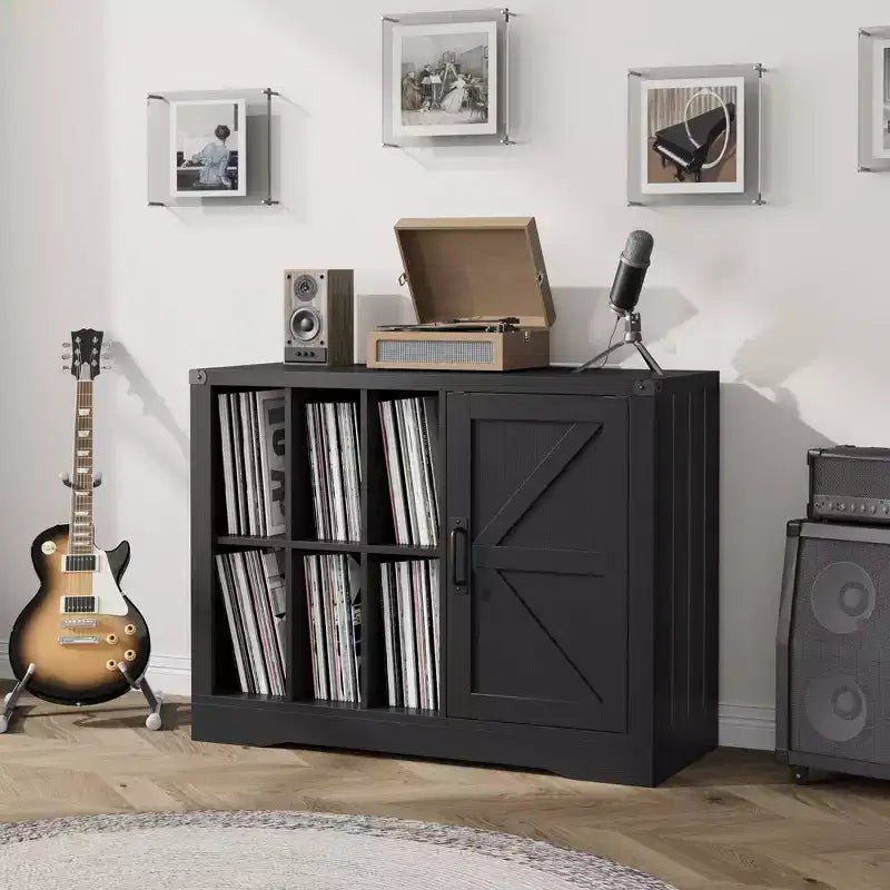 Mobile porta giradischi moderno, Mobiletto porta giradischi stile rustico con anta scorrevole a granaio, Consolle in legno porta vinili per soggiorno, Nero