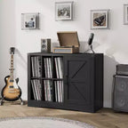Mobile porta giradischi moderno, Mobiletto porta giradischi stile rustico con anta scorrevole a granaio, Consolle in legno porta vinili per soggiorno, Nero