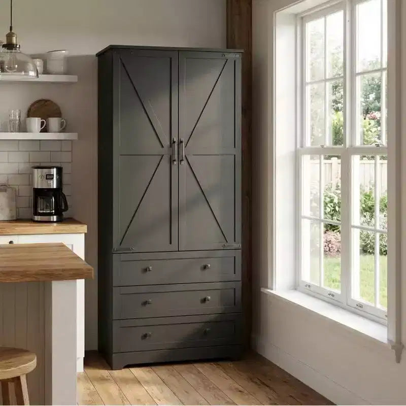 Dispensa da Cucina a Colonna in Legno Stile Rustico da 72" con Ripiani Regolabili, 2 Ante Scorrevoli e 3 Cassetti, Soluzione di Archiviazione Versatile