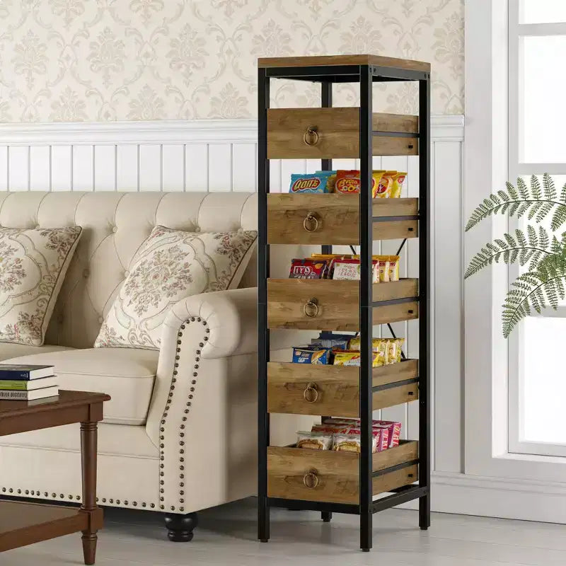 Cassettiera contenitore decorativa, Comò piccolo con struttura in metallo e cassetti in legno massello, Cassettiera multifunzionale per cucina, camera da letto, soggiorno