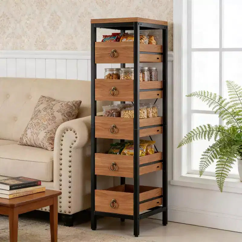 Cassettiera contenitore decorativa, Comò piccolo con struttura in metallo e cassetti in legno massello, Cassettiera multifunzionale per cucina, camera da letto, soggiorno