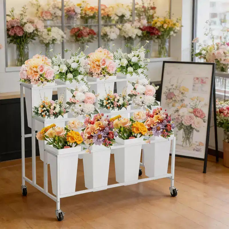 Espositore per Fiori, Carrello Porta Fiori a 3 Livelli con 12 Secchi Rotondi e Ruote, Espositore Mobile per Fiori per Giardino, Matrimoni, Negozi di Fiori