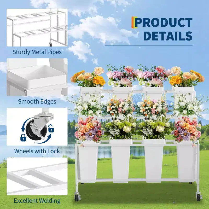 Espositore per Fiori, Carrello Porta Fiori a 3 Livelli con 12 Secchi Rotondi e Ruote, Espositore Mobile per Fiori per Giardino, Matrimoni, Negozi di Fiori