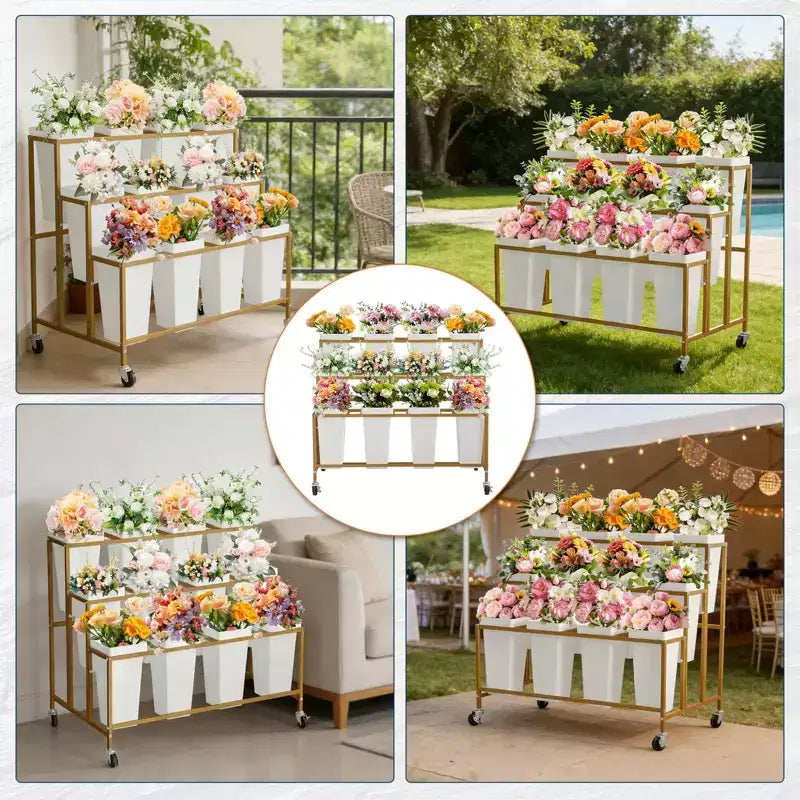 Espositore per Fiori, Carrello Porta Fiori a 3 Livelli con 12 Secchi Rotondi e Ruote, Espositore Mobile per Fiori per Giardino, Matrimoni, Negozi di Fiori