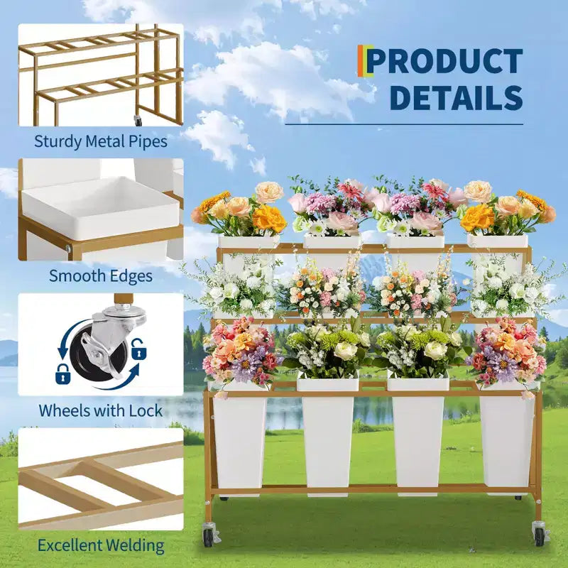 Espositore per Fiori, Carrello Porta Fiori a 3 Livelli con 12 Secchi Rotondi e Ruote, Espositore Mobile per Fiori per Giardino, Matrimoni, Negozi di Fiori