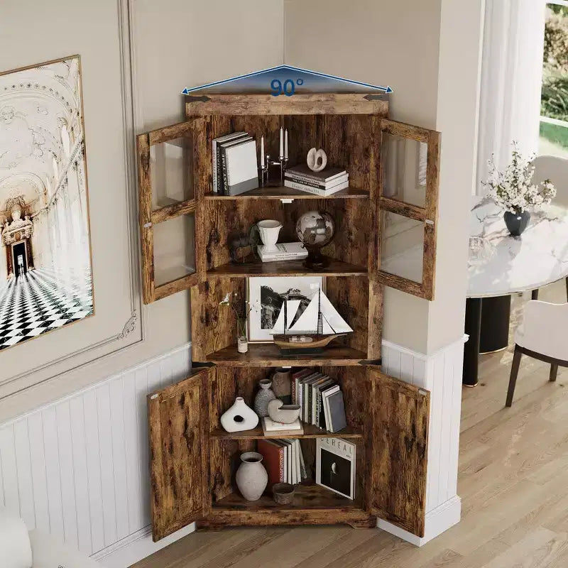 Armadietto angolare alto 69 pollici con ante, mobile angolare a 6 ripiani, scaffale salvaspazio da terra per bagno, soggiorno, cucina e corridoio