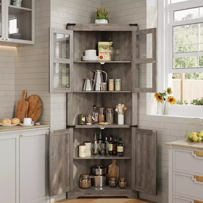 Armadietto angolare alto 69 pollici con ante, mobile angolare a 6 ripiani, scaffale salvaspazio da terra per bagno, soggiorno, cucina e corridoio