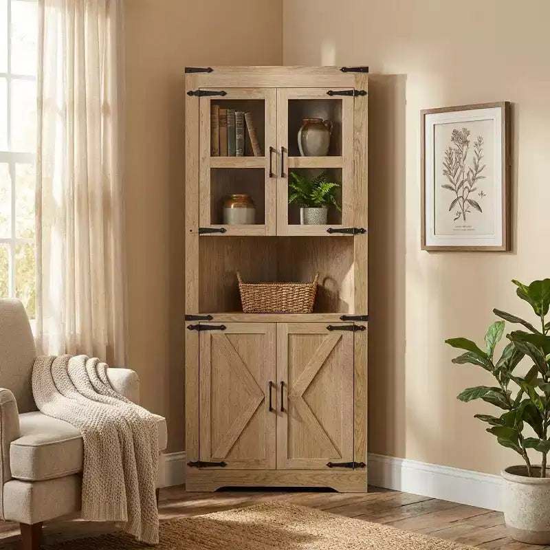 Armadietto angolare alto 69 pollici con ante, mobile angolare a 6 ripiani, scaffale salvaspazio da terra per bagno, soggiorno, cucina e corridoio
