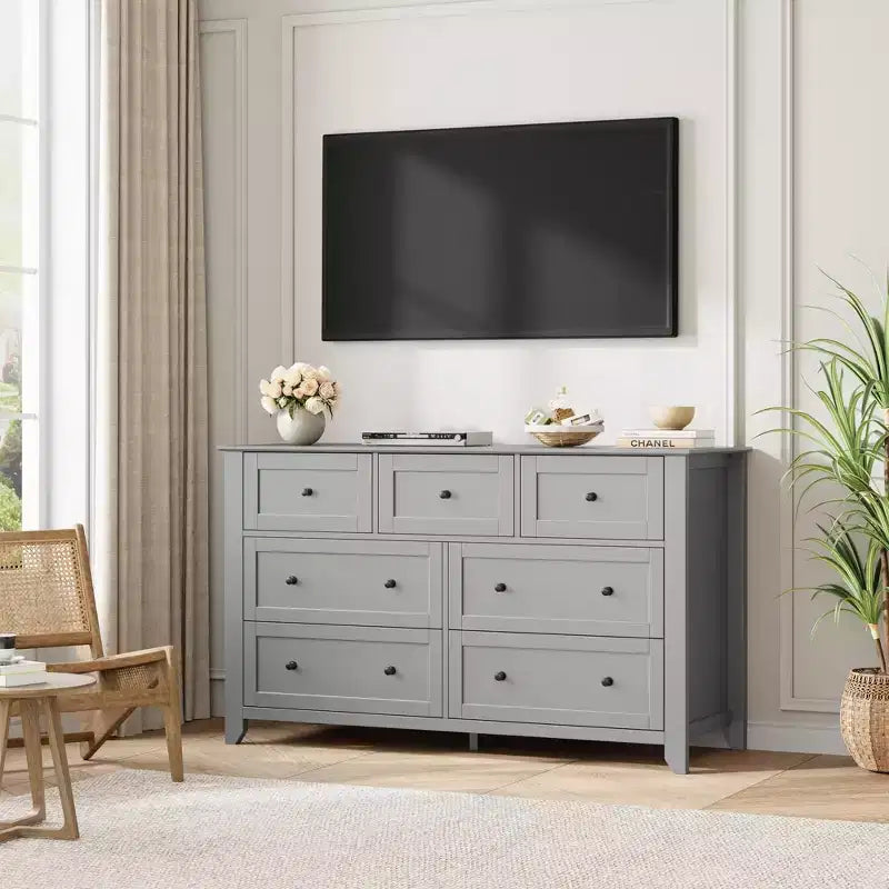 Comò moderno in legno a 7 cassetti, cassettiera grande larga 54 pollici con cassetti profondi e pomelli in metallo per camera da letto, ingresso e corridoio