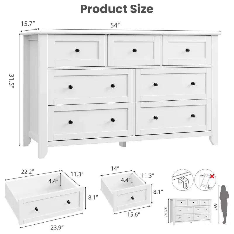 Comò moderno in legno a 7 cassetti, cassettiera grande larga 54 pollici con cassetti profondi e pomelli in metallo per camera da letto, ingresso e corridoio