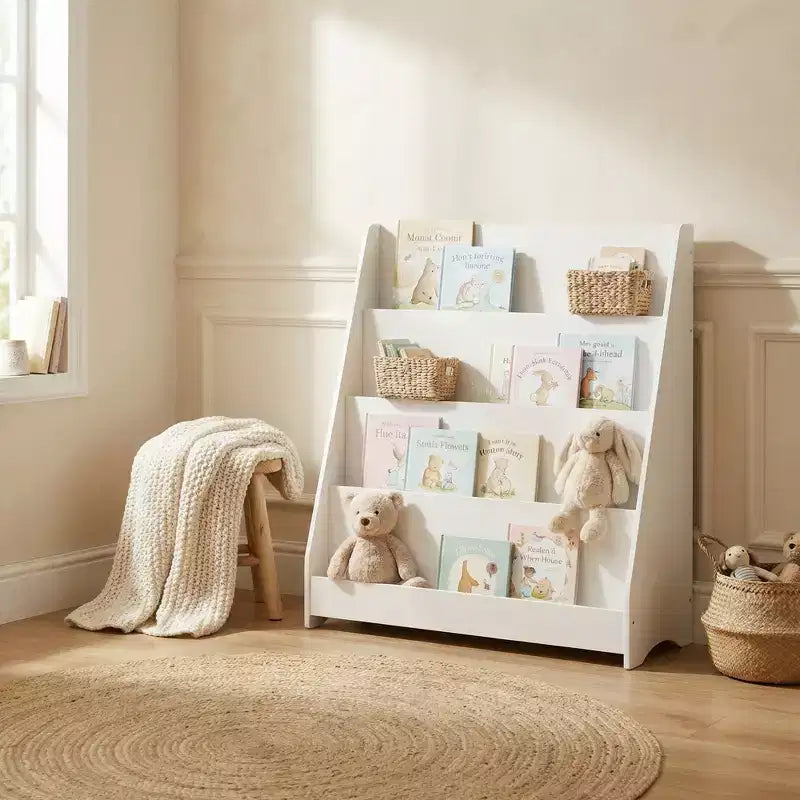 Scaffale portaoggetti per bambini a 4 livelli, organizer giocattoli e libri per bambini, per camera da letto, sala giochi, aula, bianco